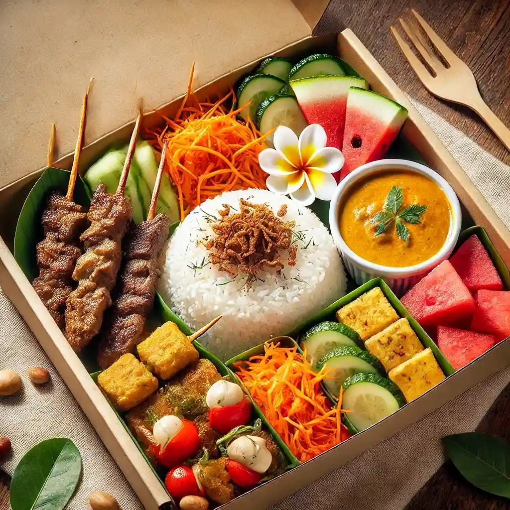 DALL·E 2024-11-11 11.21.45 - A beautiful and appetizing nasi box meal with Indonesian specialties. It features fluffy steamed rice topped with crispy fried shallots, colorful acar (1)